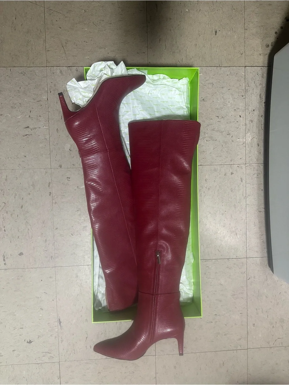 Sam Edelman Ursula Rhubarb Red Over-the-Knee lizard Textured Leather Boots